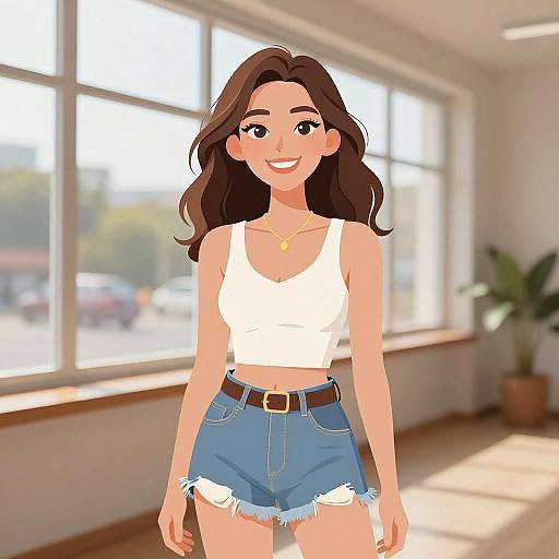 Digital anime-style drawing of a smiling young woman with long brown hair, wearing a white crop top and high-waisted denim shorts, standing in a