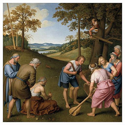 Renaissance painting of a biblical scene: villagers dig in a lush, hilly landscape, with a child in a tree watching. Detailed clothing,