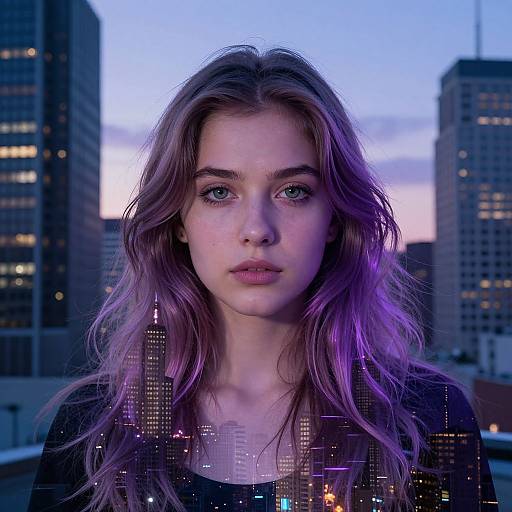 Photographic portrait of a young woman with long, wavy purple-lit hair, blue eyes, fair skin, in a cityscape at dusk,