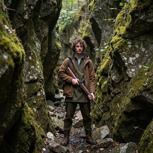 Adventurous Man in Mossy Gorge