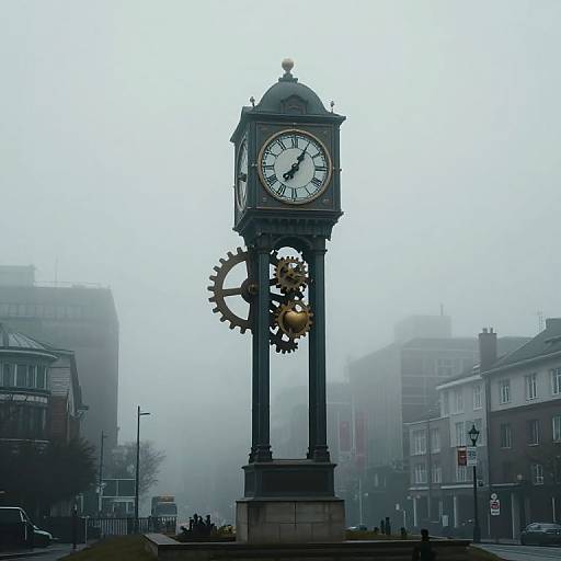 Photograph of a Victorian-style clock tower with gears, standing in a foggy urban street, surrounded by mist-covered buildings.