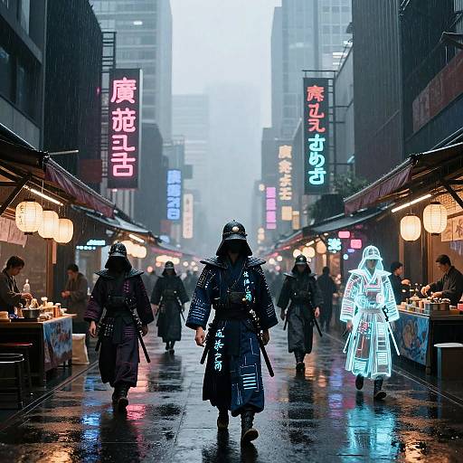 Neon Urban Samurais in Rainy Digital Marketplace