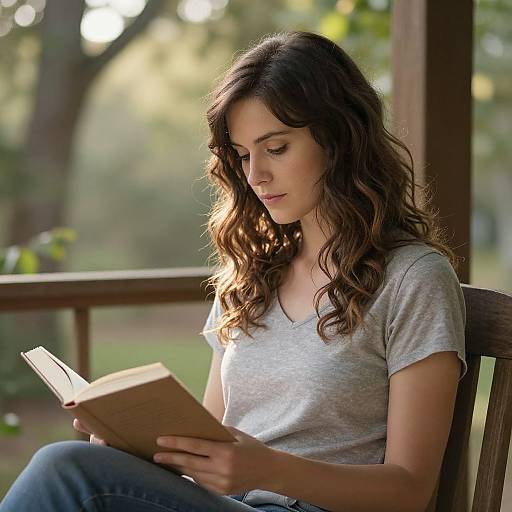 Woman Reading on Wooden Porch