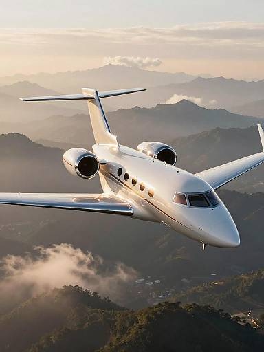 Business Jet Over Golden Mountain Range