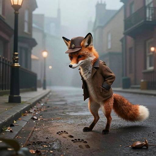 Whimsical Fox Detective in Foggy Victorian Night