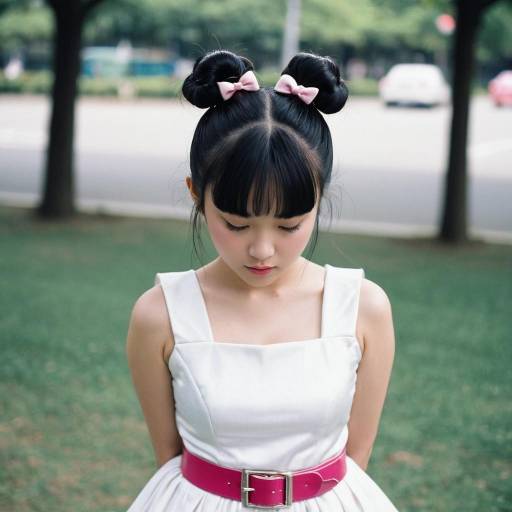 Asian Girl in White Dress with Double Buns Outdoors