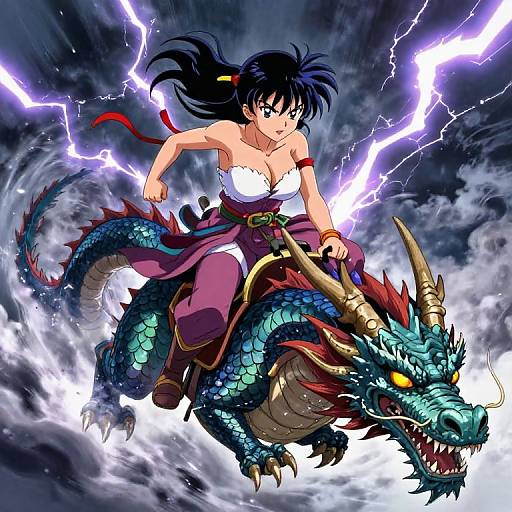 Anime-style illustration of a black-haired woman with large breasts, white strapless top, and purple pants, riding a fierce blue dragon with red accents and