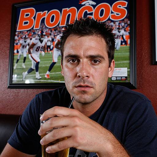 Photograph of a serious-looking man with short dark hair, wearing a black t-shirt, holding a glass of beer, in front of a Broncos football