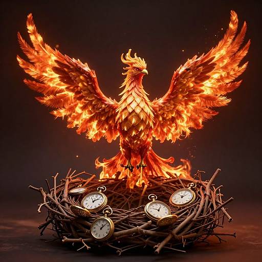 Photograph of a fiery phoenix with outstretched wings, standing in a nest of twigs with five glowing clocks below.