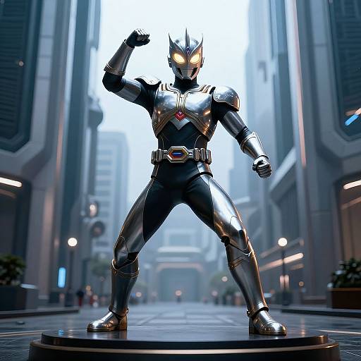 Digital CGI of a metallic superhero in a dynamic pose, standing on a round pedestal in a futuristic, foggy city street.