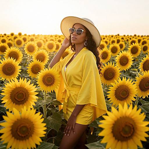Photograph of a Black woman in a yellow wrap dress and wide-brimmed hat, standing in a sunflower field at sunset.