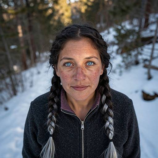 Photograph of a middle-aged woman with braided black hair, blue eyes, and freckles, wearing a black zip-up jacket, standing in