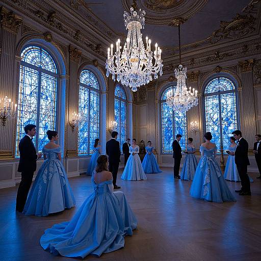 Photograph of elegant ballroom with crystal chandeliers, blue-tinted stained glass windows, and guests in formal blue and white gowns and