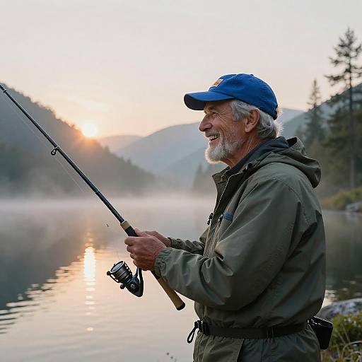 Joyful Elderly Fisherman at Sunrise