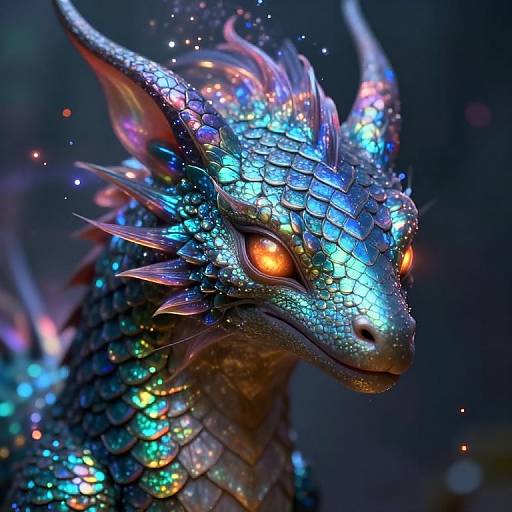 Digital art of a vibrant, iridescent dragon with glowing orange eyes, shimmering blue and purple scales, and intricate, sparkling details.