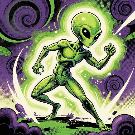 Digital comic-style drawing of a green, muscular alien with large black eyes, standing in a glowing, swirling purple and green background.