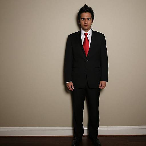 Photograph of an Indian man with short, spiky black hair, wearing a black suit, white shirt, and red tie, standing against a beige