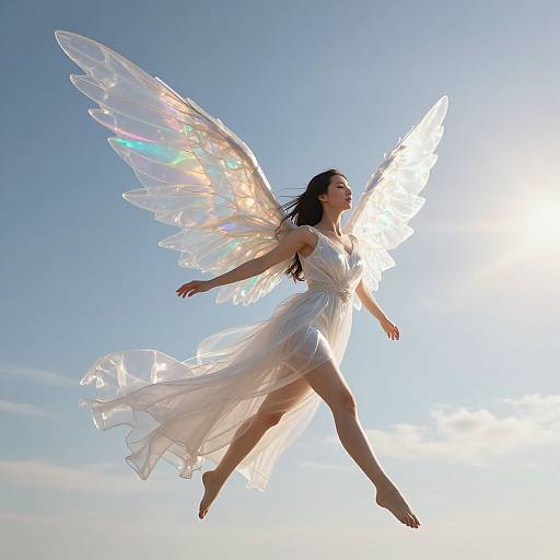 Photograph of a woman with translucent, iridescent wings and a flowing white dress, mid-leap against a bright blue sky.