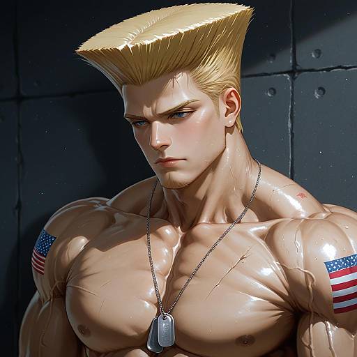 Illustration of Guile, street fighter in the style of Gulp5959