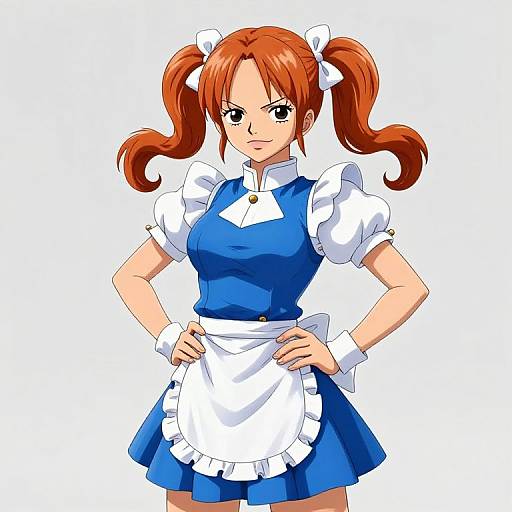 Digital anime-style drawing of a red-haired girl with twin pigtails, wearing a blue maid outfit with white apron and puffed sleeves, standing
