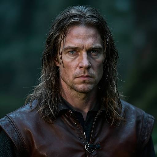 Photograph of a serious-looking man with long, wet, brown hair, blue eyes, and light stubble, wearing a dark leather vest, against