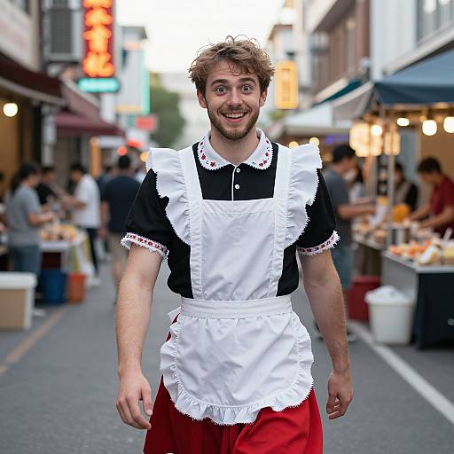 Photograph of a smiling man with curly brown hair and beard, wearing a black shirt, white apron, and red pants, walking through a bustling