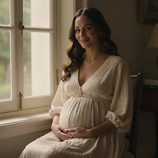 Photograph of a pregnant woman with long, wavy brown hair, wearing a white, lace, V-neck dress, sitting by a sunlit window