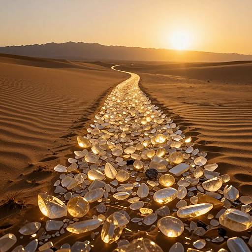 Photograph of a golden sunset over a desert, with a shimmering path of reflective, glowing crystals stretching towards distant mountains.