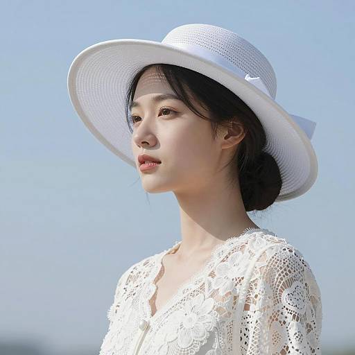 Serene Woman in White Lace Dress and Hat