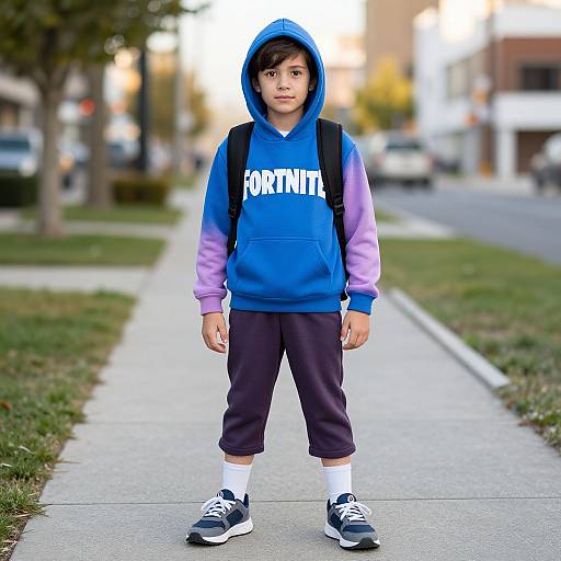 Photograph of a young boy with light brown skin, dark hair, wearing a blue and purple hoodie, 