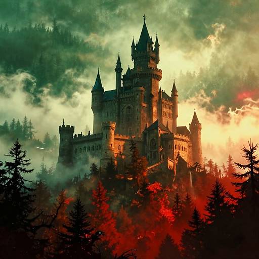 Photograph-style digital artwork of a gothic castle with tall spires, bathed in dramatic yellow and green light, surrounded by dark, misty