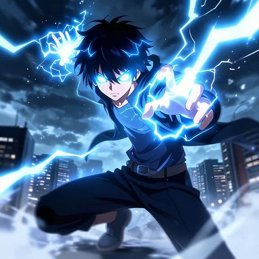 Digital anime artwork of a black-haired, blue-eyed boy with glowing electricity in a dark, stormy cityscape, crouching and ready to strike