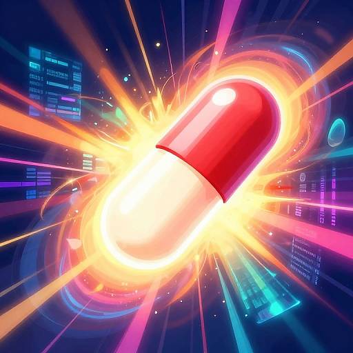 Digital artwork of a vibrant red pill exploding in a burst of colorful light against a dark, futuristic computer interface background.