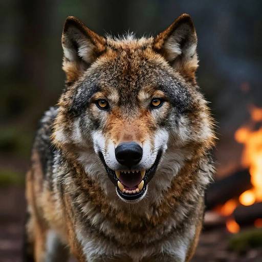 Snarling Wolf Face in Firelight