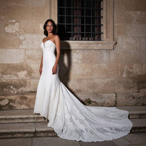 Photograph of a dark-skinned woman in a strapless, white lace wedding gown with a long train, standing against a weathered stone wall with