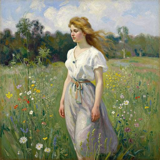 Impressionist painting of a fair-skinned, red-haired woman in white blouse and flowing gray skirt, standing in a vibrant, sunlit meadow