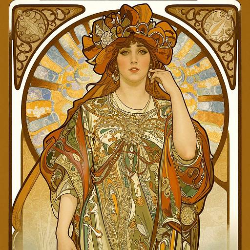 Art Nouveau-style digital illustration of a fair-skinned woman with red hair, wearing an ornate, gold-patterned dress and intricate headpiece,
