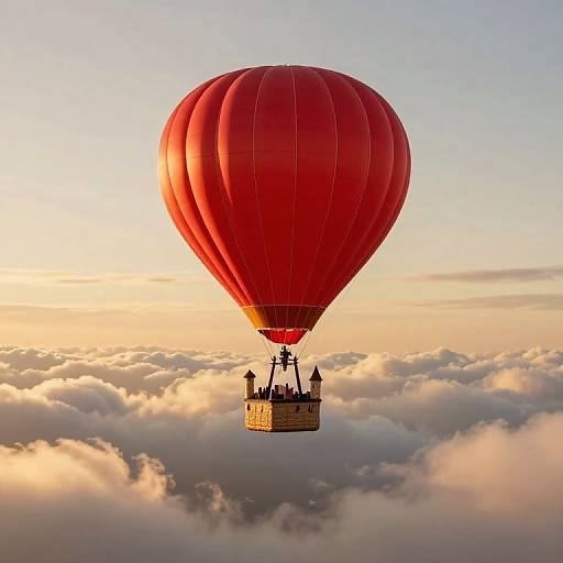 Photograph of a large red hot air balloon with a wicker basket, soaring above a sea of fluffy clouds at sunrise.