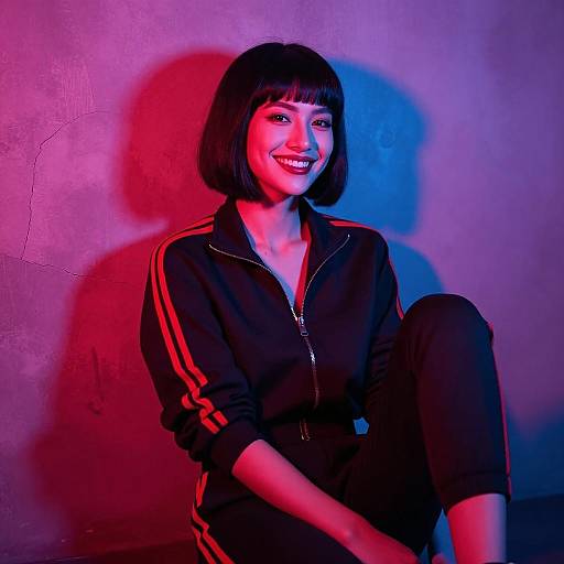 Smiling Woman in Cyberpunk Neon Lighting