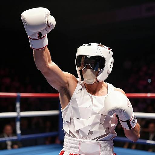 Photograph of a muscular male boxer in a white, geometric-patterned outfit and helmet, raising his right gloved fist in victory inside a brightly lit