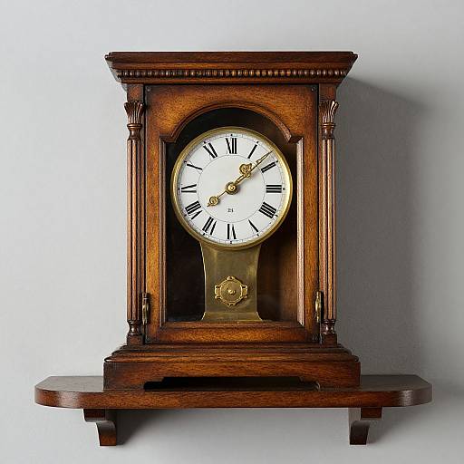Antique wooden clock with Roman numerals, gold hands, and ornate design, mounted on a circular wooden shelf against a plain white wall.