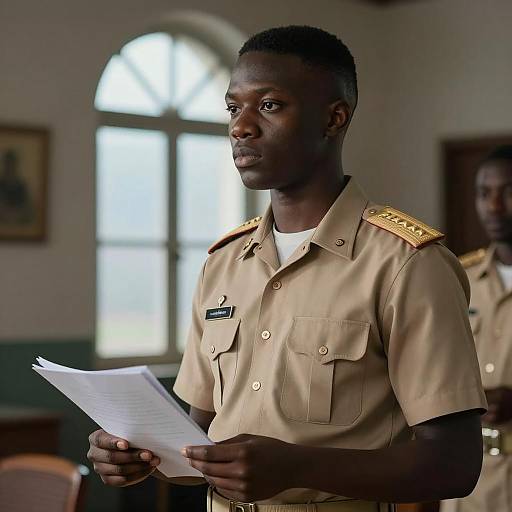 Young Soldier in Military Uniform Holding Papers