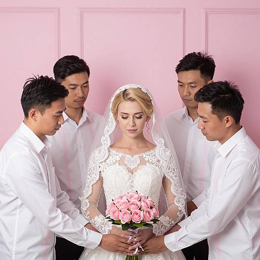 Elegant Blonde Bride with Supportive Groomsmen
