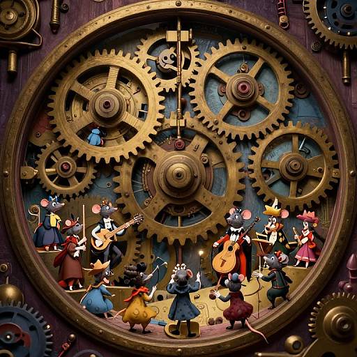 Steampunk-style illustration of colorful, animated characters playing musical instruments within a large, intricate clockwork gear mechanism. Vibrant characters, varied costumes,