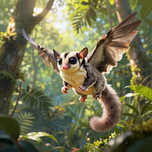 Photorealistic CGI of a flying, winged sugar glider with bright red nose and large, expressive eyes in a sunlit, lush jungle.