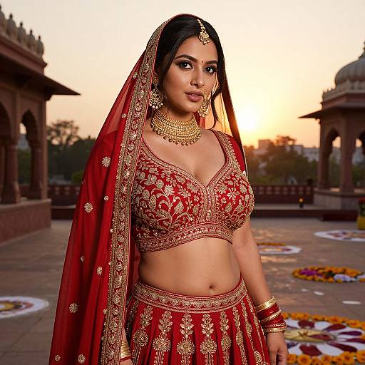 Photograph of a beautiful South Asian bride in a red and gold traditional ensemble with a veil, standing in an ornate courtyard at sunset. Floral decorations