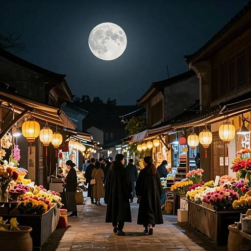 Photograph of a nighttime market under a bright full moon, illuminated by warm lanterns, with people in dark coats browsing colorful flower stalls.