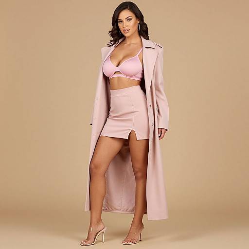 Photograph of a confident woman with long black hair, wearing a pink bralette, matching high-waisted skirt, long pink coat, and pink