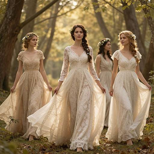 Photograph of four women in a forest, wearing white lace dresses and floral crowns, walking in soft sunlight, creating an ethereal, fairy-t
