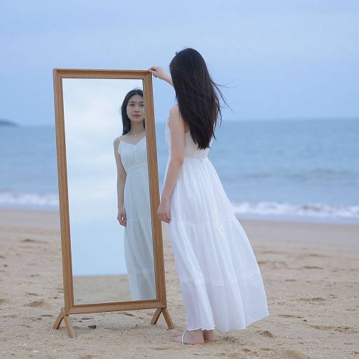 Photograph of an Asian woman with long black hair, wearing a white sleeveless dress, standing barefoot on a beach, gazing at her reflection